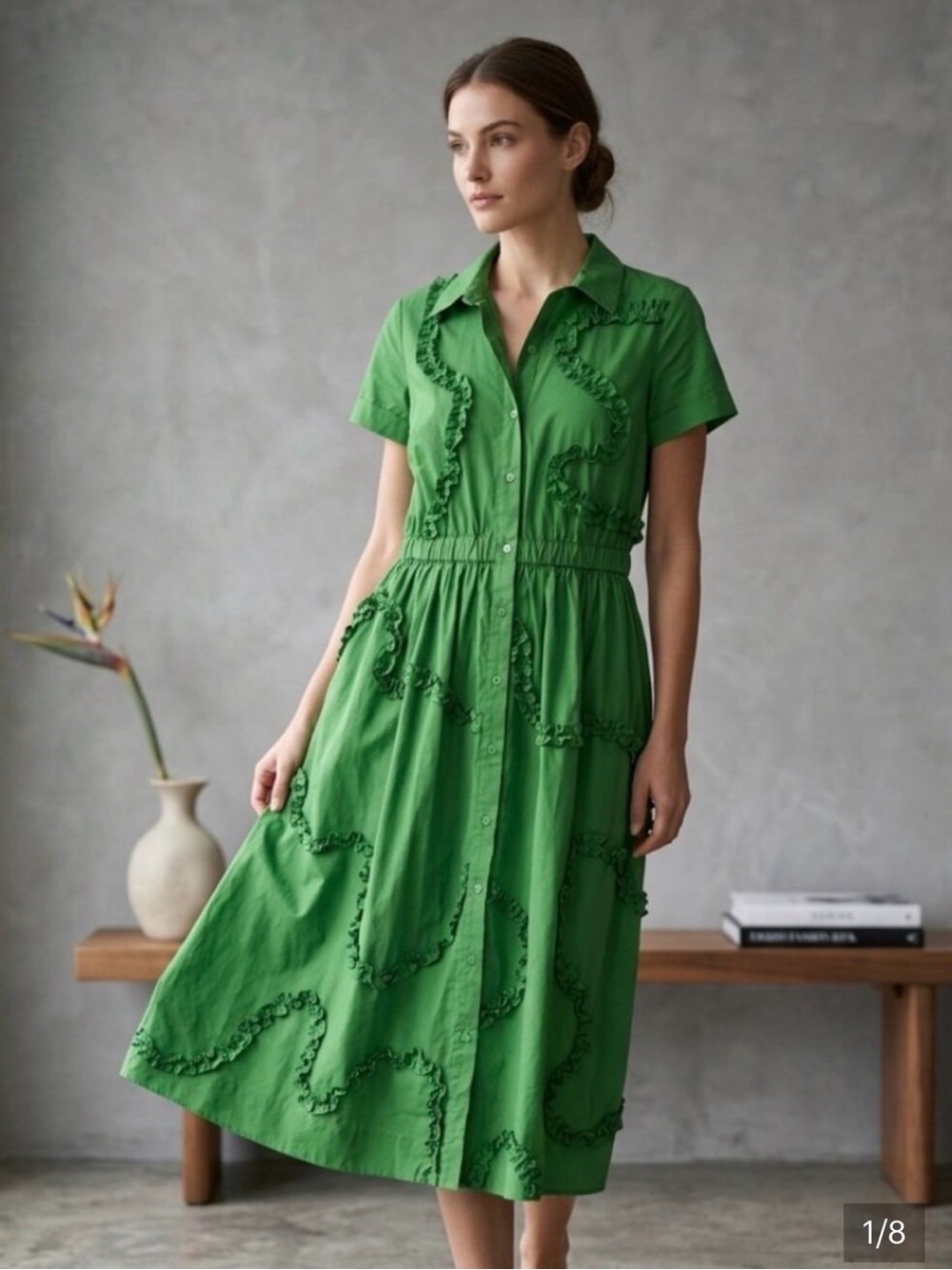 kate spade Green Midi Shirt Dress with Ruffle Trim